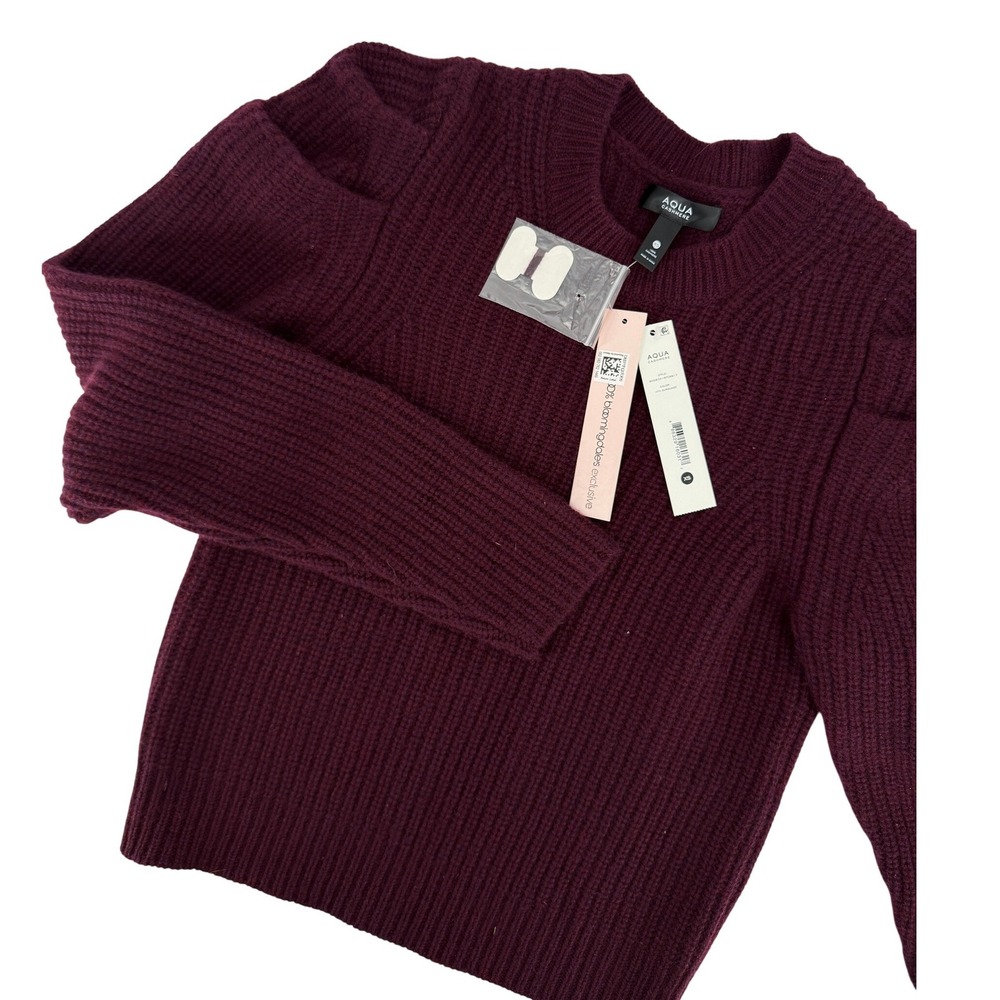 Aqua 100% Cashmere Heather Burgundy Ribbed Knit Shaker‎ Puff Shoulder Sweater XS